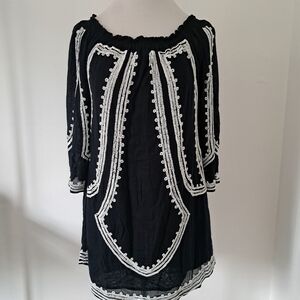 Black Embroidered Off Shoulder Beaded Tunic Top Boho Festival 3/4 Sleeve‎